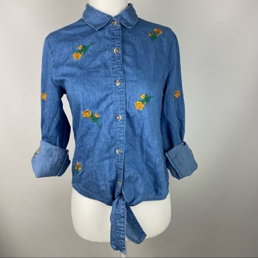 Harper Heritage Floral Denim Button Top Shirt Womens Extra Small Blue